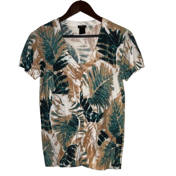 Ann Taylor Women's L Tropical Leaf Button-Front Short Sweater 100% Cotton Office - Picture 2 of 13